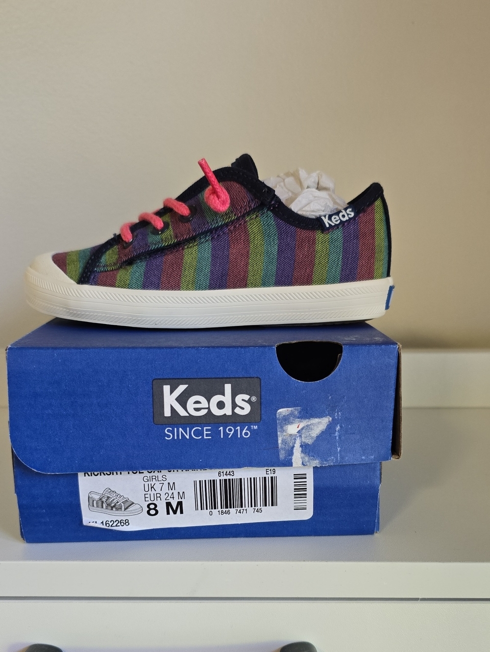 NIB Keds Rainbow Stripe Canvas Sneaker with Pink Laces Toddler Size 8